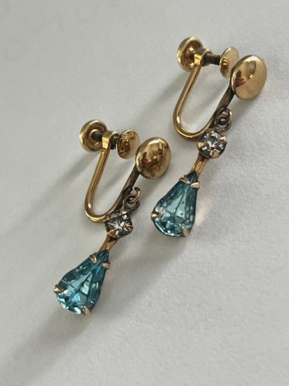 Vintage Gold-Filled Earrings Blue & Clear Stones Screw Back